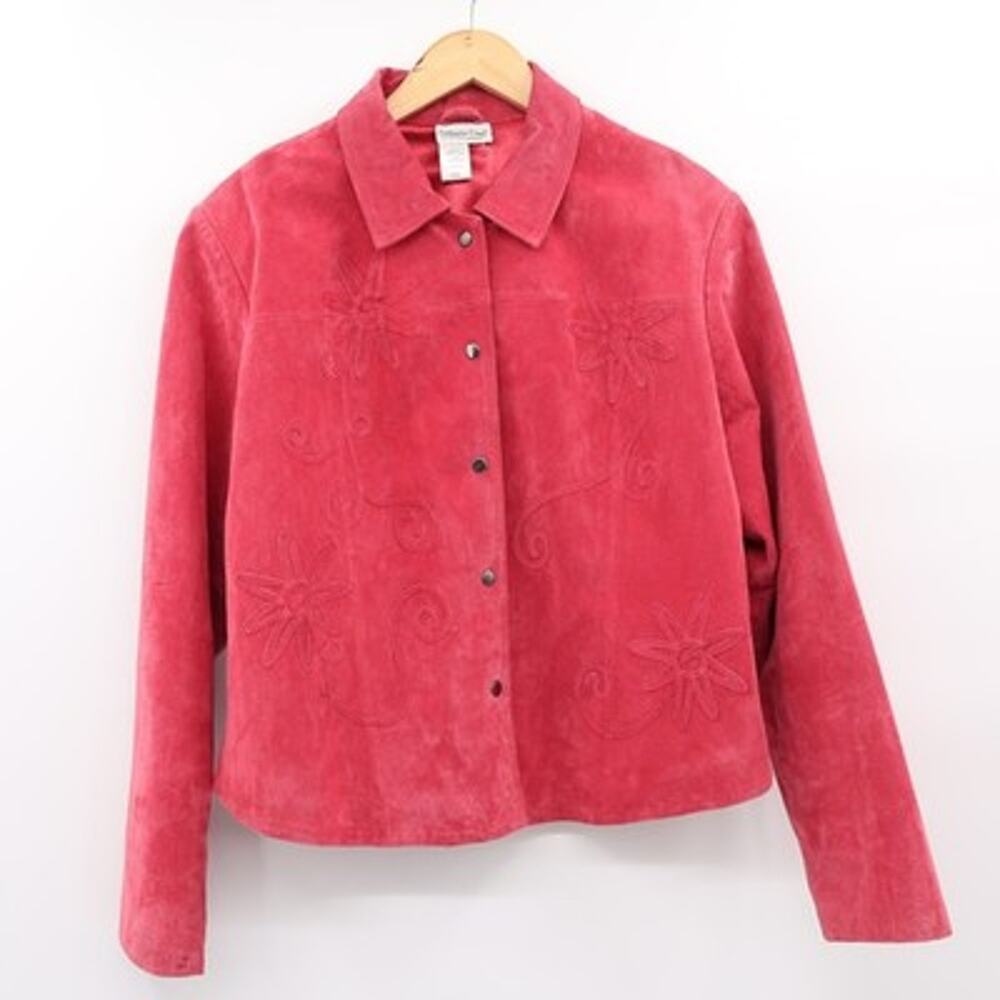 Coldwater Creek Sz XLP Raspberry Suede Leather Jacket Floral Applique Snap